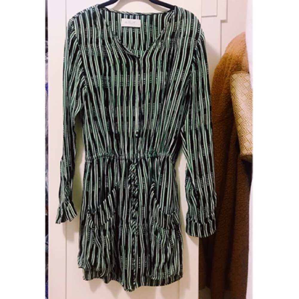 A.L.C. silk, long-sleeved button-up stripe dress.